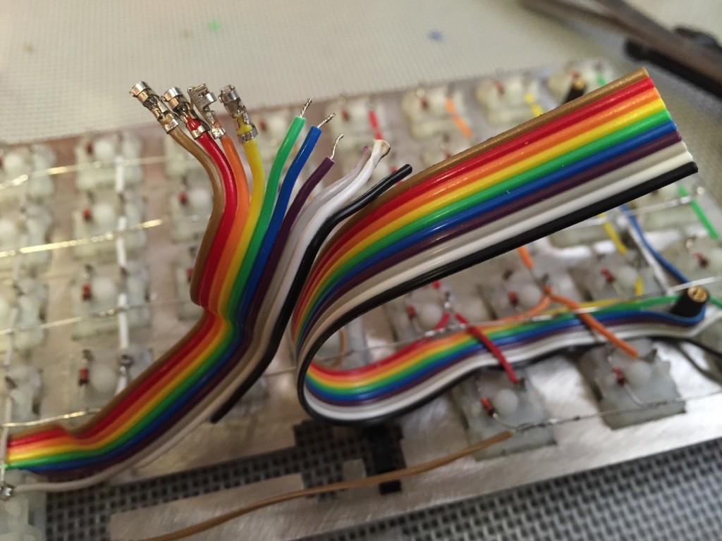 Crimping the dupont connectors to the wires, in progress